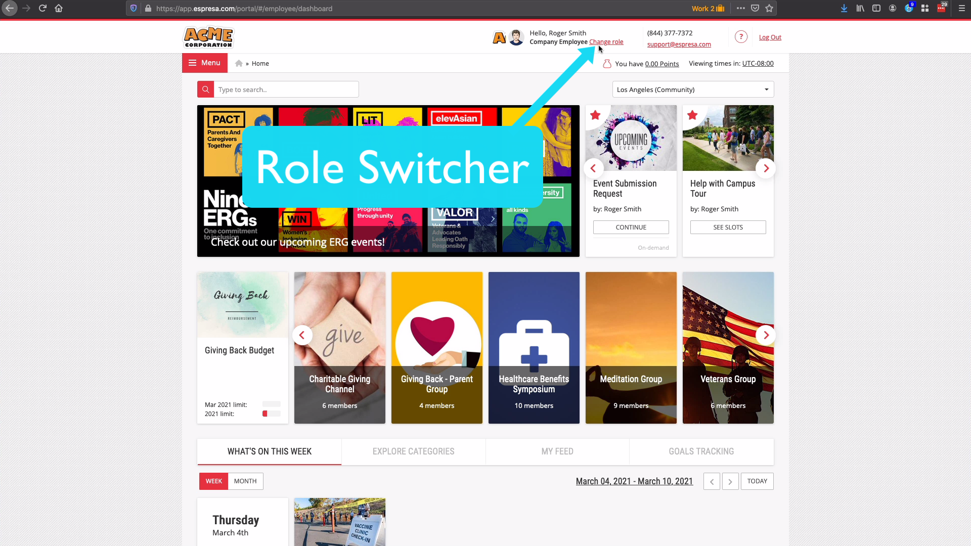 How do I change/switch roles to Company Admin, Organizer etc... ? Espresa